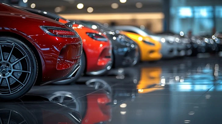 Row of luxury cars on a polished showroom floor
