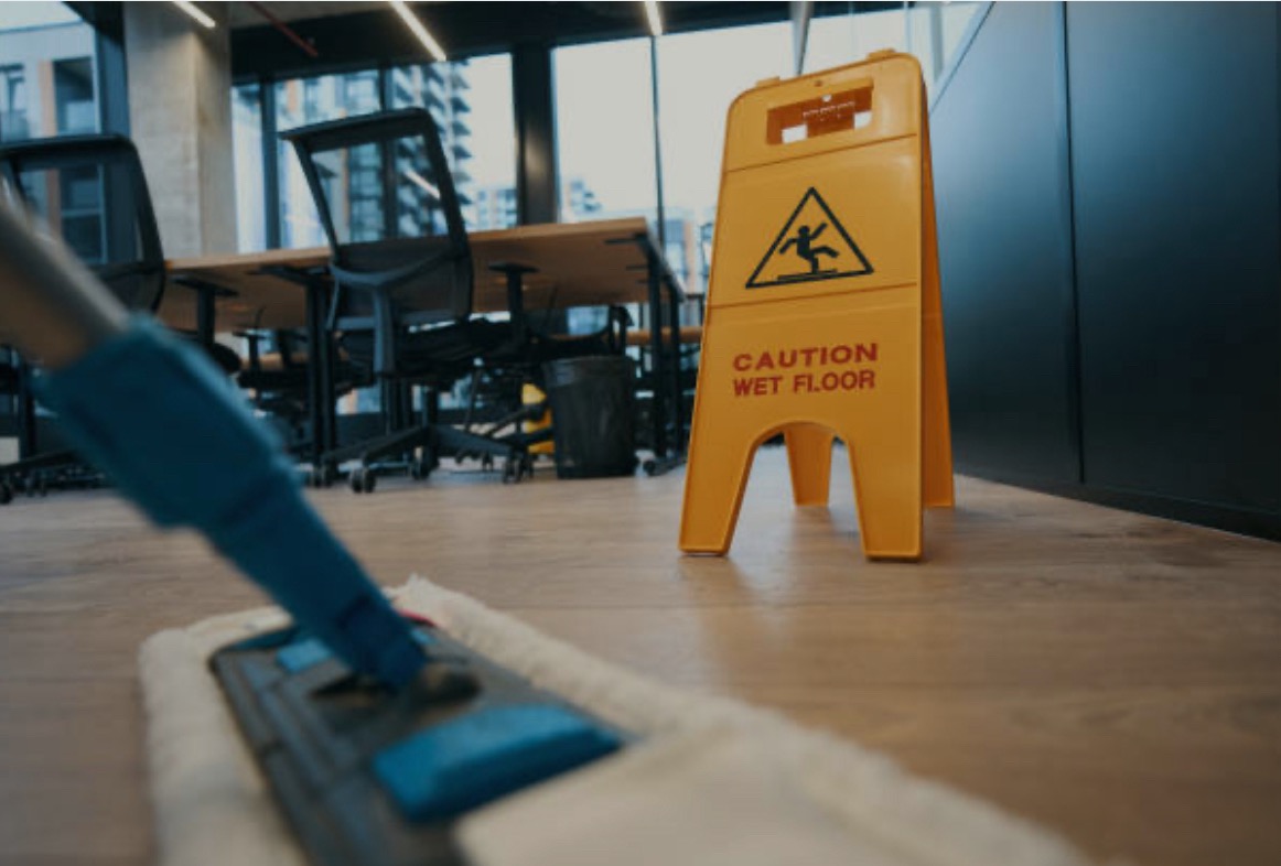 Floor care in progress beside a caution sign in a contemporary workspace